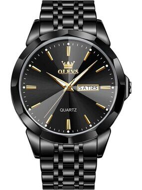 Men's All Black Diamond Analog Quartz Solid Waterproof Luminous Classic Watch